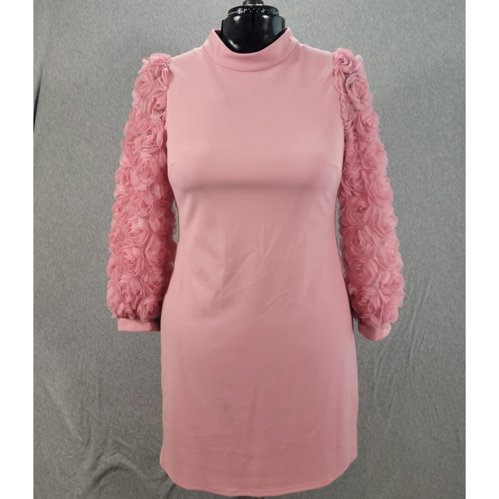 Pink Floral Rosette Long Sleeve Dress Women 14 Wedding Guest Romantic Feminine